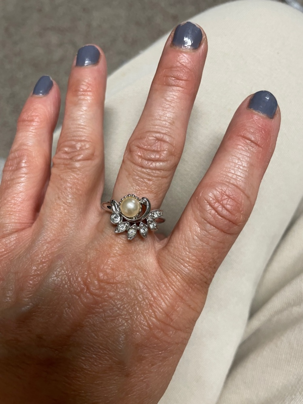 Vintage Pearl and Cubic Zirconia Halo Ring - Silver- Avon